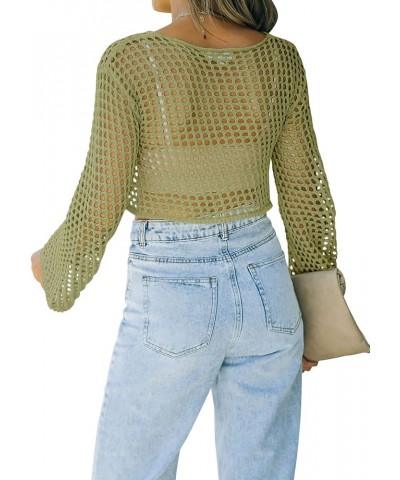 Womens Fishnet Crochet Crop Top Sexy Long Sleeve See Through Hollow Out Mesh Bikini Cover Ups Army Green $13.24 Swimsuits