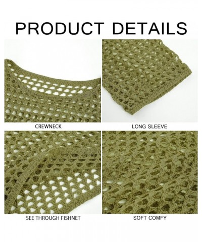 Womens Fishnet Crochet Crop Top Sexy Long Sleeve See Through Hollow Out Mesh Bikini Cover Ups Army Green $13.24 Swimsuits