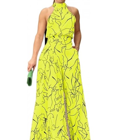 2023 Womens Elegant Printed Halter Jumpsuit Sleeveless Off Shoulder Romper High Waist Wide Leg Overalls Cocktail Party Yellow...