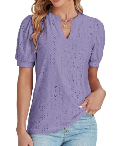 Women's Casual Eyelet V Neck Puff Short Sleeve Shirt Blouse Tunic Top Purple $13.63 Blouses