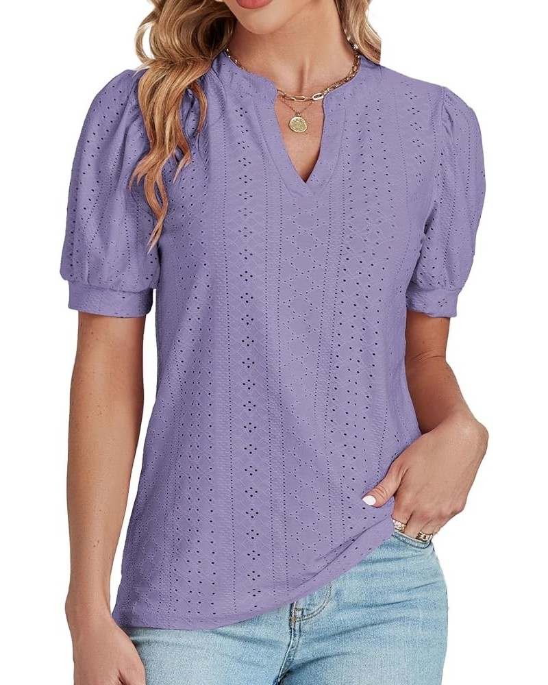 Women's Casual Eyelet V Neck Puff Short Sleeve Shirt Blouse Tunic Top Purple $13.63 Blouses