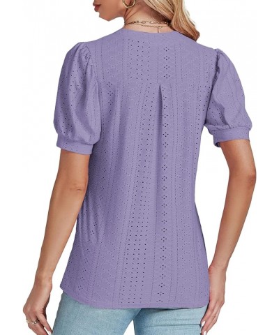 Women's Casual Eyelet V Neck Puff Short Sleeve Shirt Blouse Tunic Top Purple $13.63 Blouses