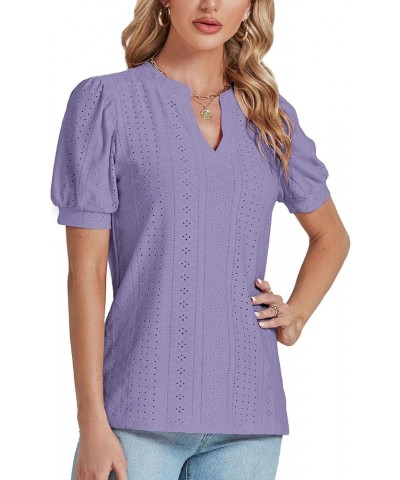 Women's Casual Eyelet V Neck Puff Short Sleeve Shirt Blouse Tunic Top Purple $13.63 Blouses