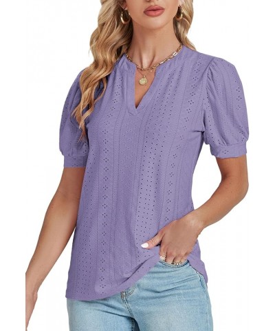 Women's Casual Eyelet V Neck Puff Short Sleeve Shirt Blouse Tunic Top Purple $13.63 Blouses