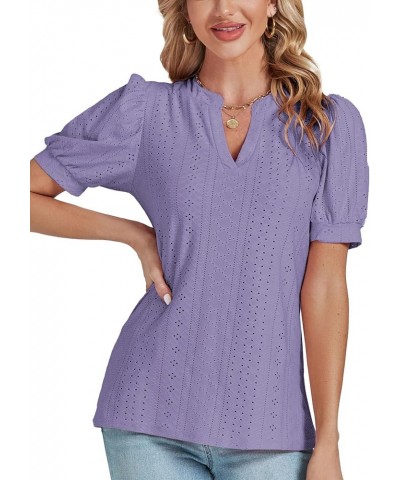 Women's Casual Eyelet V Neck Puff Short Sleeve Shirt Blouse Tunic Top Purple $13.63 Blouses