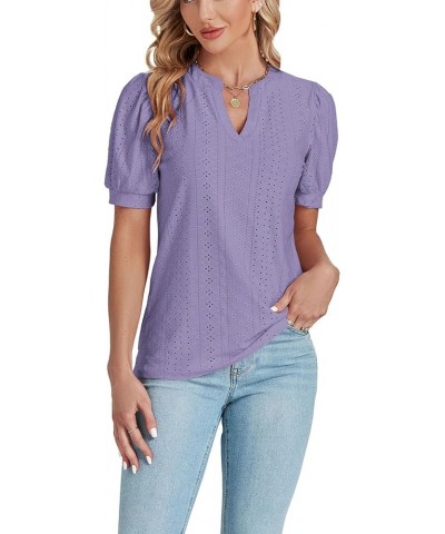 Women's Casual Eyelet V Neck Puff Short Sleeve Shirt Blouse Tunic Top Purple $13.63 Blouses