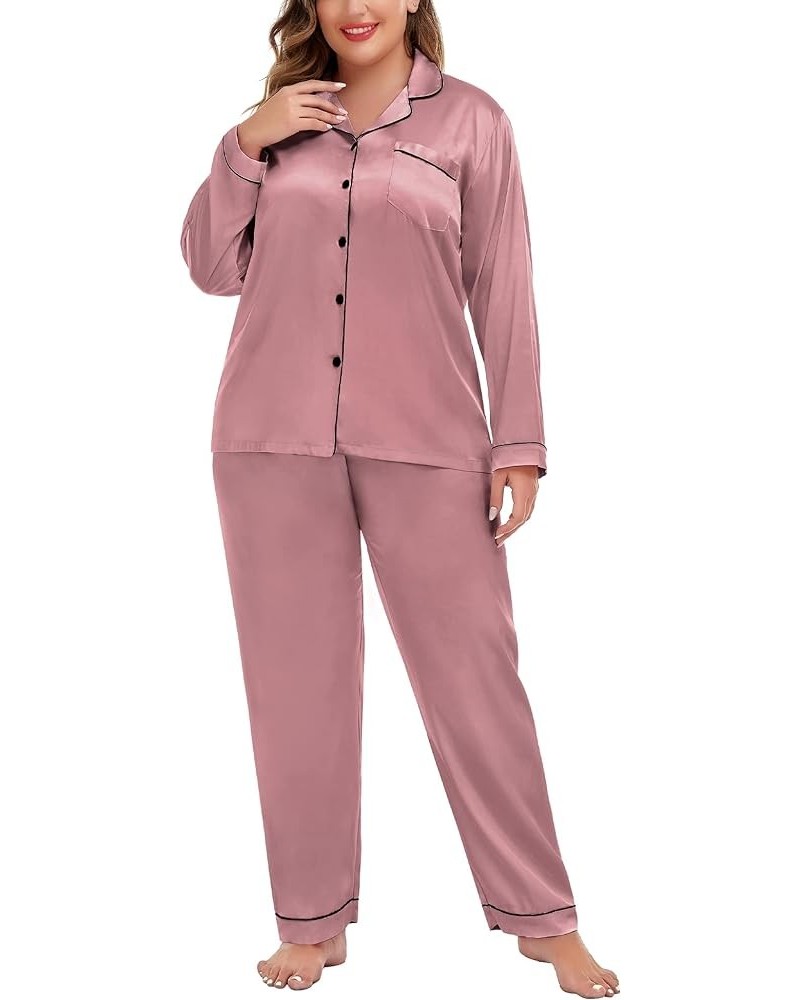 Plus Size Pajama Set for Women Silk Satin Pajamas Long Sleeve Sleepwear Button Down PJs Soft Pj Set with Chest Pocket Misty R...