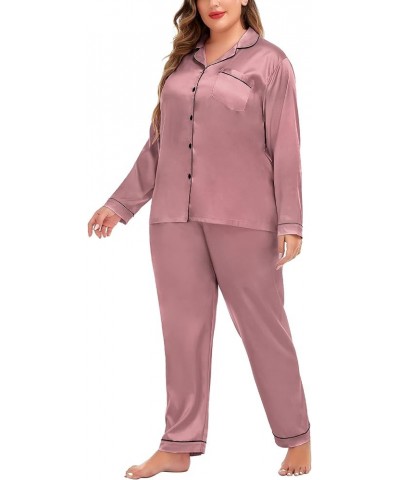 Plus Size Pajama Set for Women Silk Satin Pajamas Long Sleeve Sleepwear Button Down PJs Soft Pj Set with Chest Pocket Misty R...