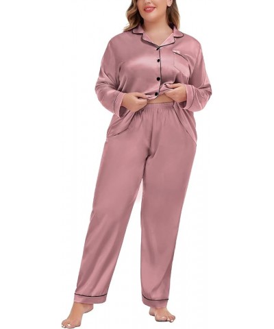 Plus Size Pajama Set for Women Silk Satin Pajamas Long Sleeve Sleepwear Button Down PJs Soft Pj Set with Chest Pocket Misty R...