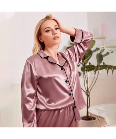 Plus Size Pajama Set for Women Silk Satin Pajamas Long Sleeve Sleepwear Button Down PJs Soft Pj Set with Chest Pocket Misty R...