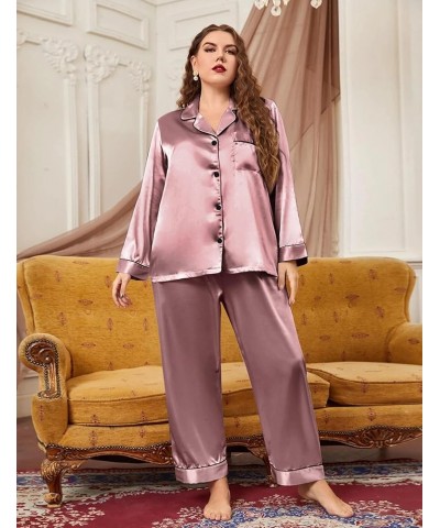 Plus Size Pajama Set for Women Silk Satin Pajamas Long Sleeve Sleepwear Button Down PJs Soft Pj Set with Chest Pocket Misty R...