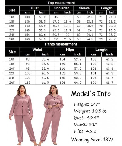 Plus Size Pajama Set for Women Silk Satin Pajamas Long Sleeve Sleepwear Button Down PJs Soft Pj Set with Chest Pocket Misty R...