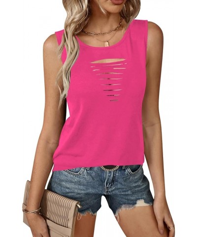 Women Cut Out Rock Ripped Tank Tops Trendy Going Out Concert Tees Shirts Rose Pink $14.49 Tanks