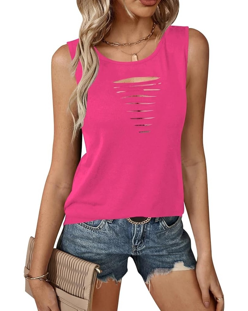 Women Cut Out Rock Ripped Tank Tops Trendy Going Out Concert Tees Shirts Rose Pink $14.49 Tanks