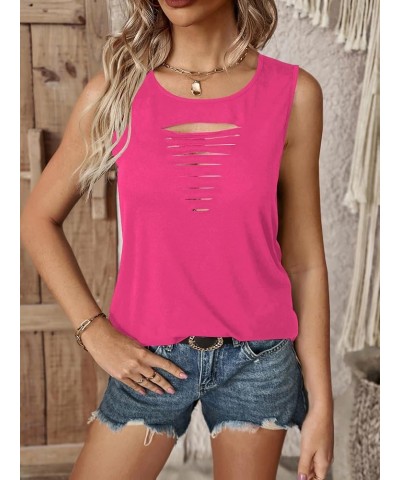 Women Cut Out Rock Ripped Tank Tops Trendy Going Out Concert Tees Shirts Rose Pink $14.49 Tanks