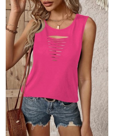 Women Cut Out Rock Ripped Tank Tops Trendy Going Out Concert Tees Shirts Rose Pink $14.49 Tanks