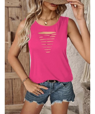 Women Cut Out Rock Ripped Tank Tops Trendy Going Out Concert Tees Shirts Rose Pink $14.49 Tanks