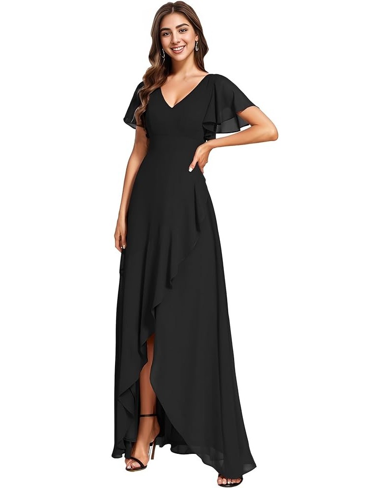 Women's Double V Neck A Line Ruffle Hem Backless High Low Chiffon Wedding Guest Dresses 01749 Black $34.44 Dresses