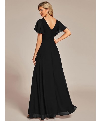 Women's Double V Neck A Line Ruffle Hem Backless High Low Chiffon Wedding Guest Dresses 01749 Black $34.44 Dresses