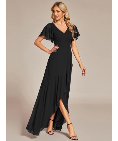 Women's Double V Neck A Line Ruffle Hem Backless High Low Chiffon Wedding Guest Dresses 01749 Black $34.44 Dresses