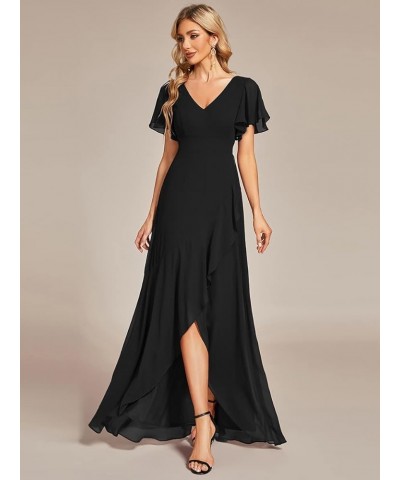 Women's Double V Neck A Line Ruffle Hem Backless High Low Chiffon Wedding Guest Dresses 01749 Black $34.44 Dresses