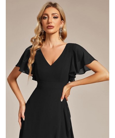 Women's Double V Neck A Line Ruffle Hem Backless High Low Chiffon Wedding Guest Dresses 01749 Black $34.44 Dresses