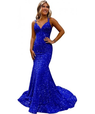 Spaghetti Straps Sequin Prom Dress V-Neck Backless Mermaid Sparkly Women Formal Evening Gowns Royal Blue $38.24 Dresses