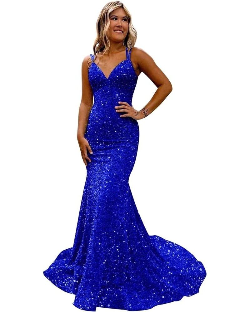 Spaghetti Straps Sequin Prom Dress V-Neck Backless Mermaid Sparkly Women Formal Evening Gowns Royal Blue $38.24 Dresses