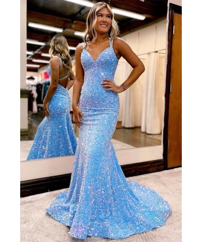 Spaghetti Straps Sequin Prom Dress V-Neck Backless Mermaid Sparkly Women Formal Evening Gowns Royal Blue $38.24 Dresses