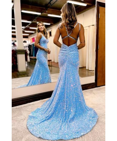 Spaghetti Straps Sequin Prom Dress V-Neck Backless Mermaid Sparkly Women Formal Evening Gowns Royal Blue $38.24 Dresses