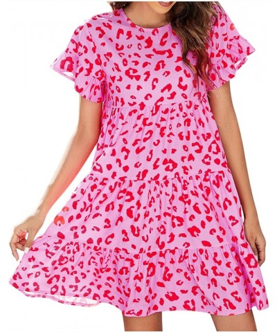 Women Summer Short Sleeve Dresses Casual Crew Neck Leopard Floral Mini Dress Ruffle Loose Flowy Short Dress Hot Pink $11.50 D...