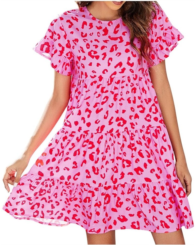 Women Summer Short Sleeve Dresses Casual Crew Neck Leopard Floral Mini Dress Ruffle Loose Flowy Short Dress Hot Pink $11.50 D...