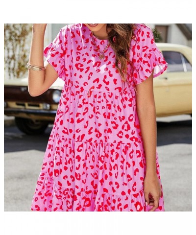 Women Summer Short Sleeve Dresses Casual Crew Neck Leopard Floral Mini Dress Ruffle Loose Flowy Short Dress Hot Pink $11.50 D...