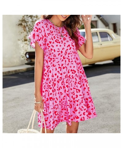 Women Summer Short Sleeve Dresses Casual Crew Neck Leopard Floral Mini Dress Ruffle Loose Flowy Short Dress Hot Pink $11.50 D...