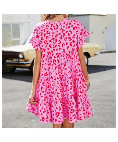 Women Summer Short Sleeve Dresses Casual Crew Neck Leopard Floral Mini Dress Ruffle Loose Flowy Short Dress Hot Pink $11.50 D...