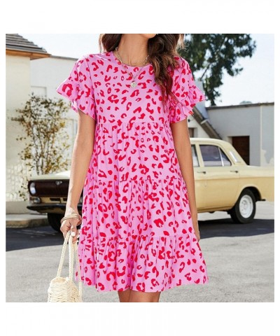 Women Summer Short Sleeve Dresses Casual Crew Neck Leopard Floral Mini Dress Ruffle Loose Flowy Short Dress Hot Pink $11.50 D...