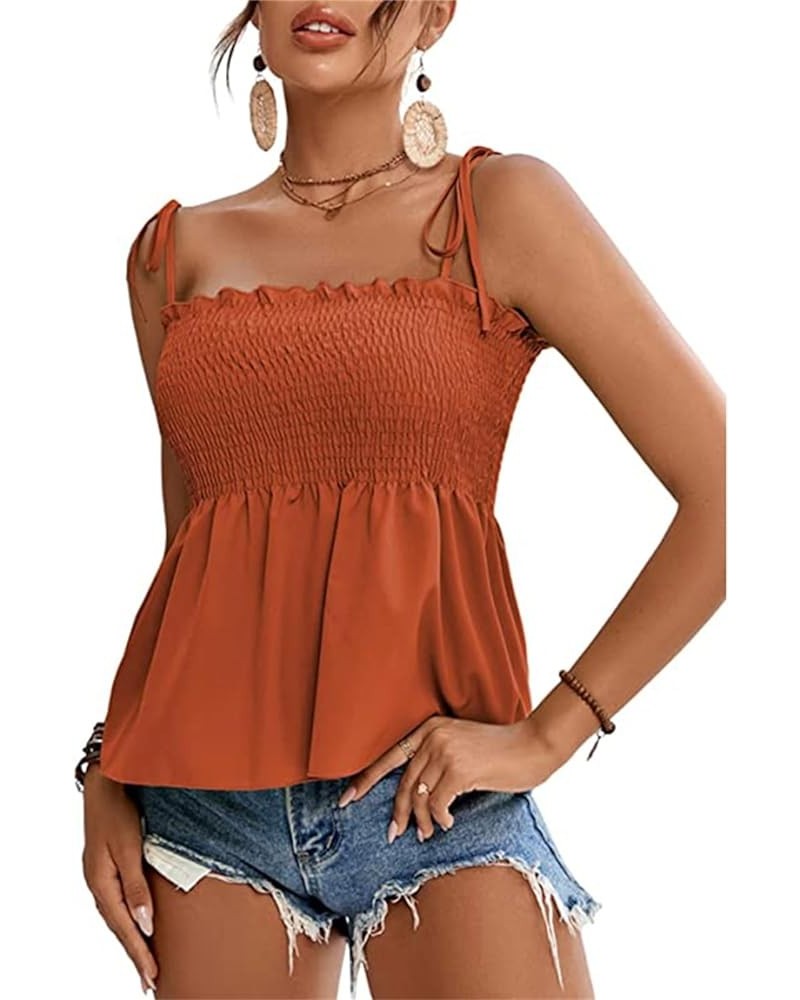 Women's Dressy Casual Tops Summer Tie Shoulder Frill Shirred Ruffle Hem Tank Tops Sleeveless Strappy Cami Work Shirts Brown $...