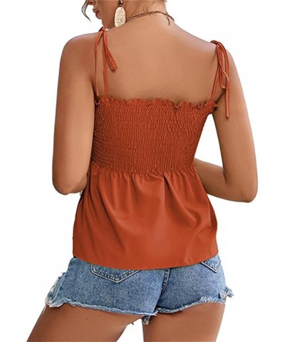 Women's Dressy Casual Tops Summer Tie Shoulder Frill Shirred Ruffle Hem Tank Tops Sleeveless Strappy Cami Work Shirts Brown $...