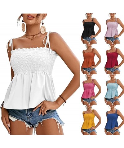 Women's Dressy Casual Tops Summer Tie Shoulder Frill Shirred Ruffle Hem Tank Tops Sleeveless Strappy Cami Work Shirts Brown $...