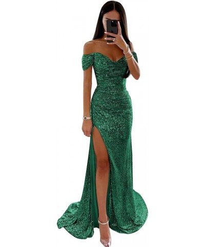 Off The Shoulder Sequin Prom Dresses for Teens High Split Formal Evening Gowns Emerald Green $22.55 Dresses