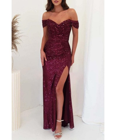 Off The Shoulder Sequin Prom Dresses for Teens High Split Formal Evening Gowns Emerald Green $22.55 Dresses