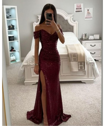 Off The Shoulder Sequin Prom Dresses for Teens High Split Formal Evening Gowns Emerald Green $22.55 Dresses