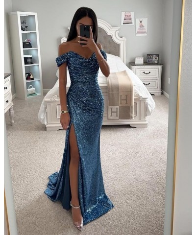 Off The Shoulder Sequin Prom Dresses for Teens High Split Formal Evening Gowns Emerald Green $22.55 Dresses