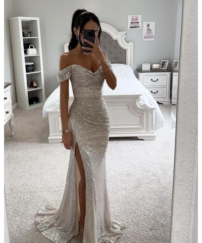 Off The Shoulder Sequin Prom Dresses for Teens High Split Formal Evening Gowns Emerald Green $22.55 Dresses