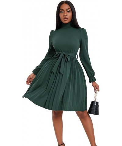 Women's Turtleneck Flounce Long Sleeve Pleated Belted A Line Dress Dark Green $22.05 Dresses