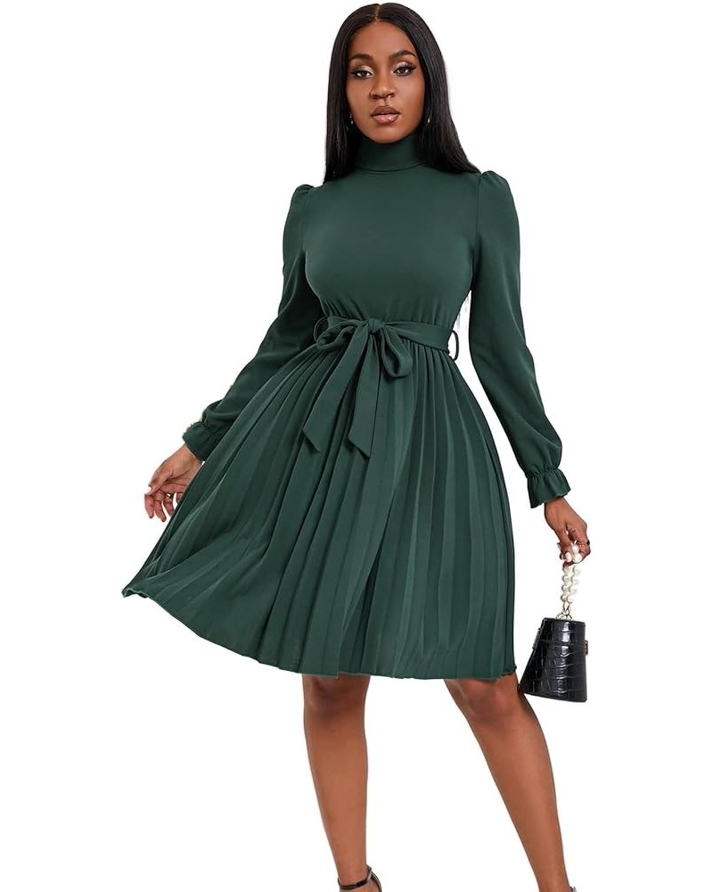 Women's Turtleneck Flounce Long Sleeve Pleated Belted A Line Dress Dark Green $22.05 Dresses