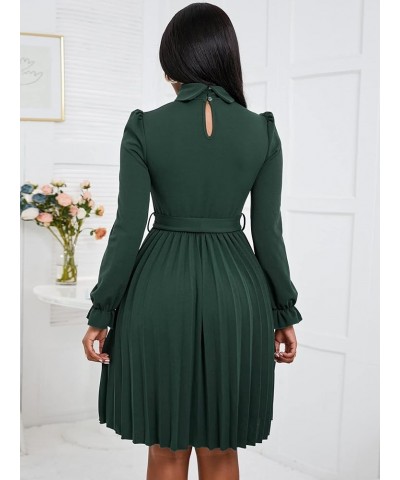 Women's Turtleneck Flounce Long Sleeve Pleated Belted A Line Dress Dark Green $22.05 Dresses