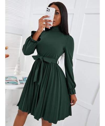 Women's Turtleneck Flounce Long Sleeve Pleated Belted A Line Dress Dark Green $22.05 Dresses