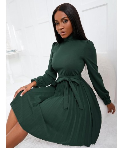 Women's Turtleneck Flounce Long Sleeve Pleated Belted A Line Dress Dark Green $22.05 Dresses