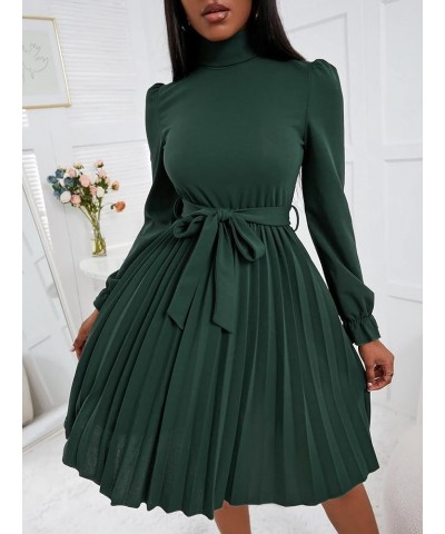 Women's Turtleneck Flounce Long Sleeve Pleated Belted A Line Dress Dark Green $22.05 Dresses